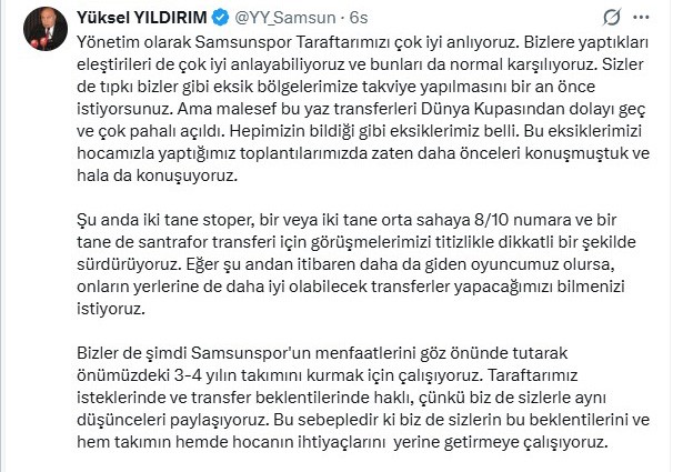 Samsunspor Başkanı Yıldırım: 2-3 yılda ligde kalıcı yer almayı hedefliyoruz