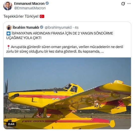Macron, Türkiye'nin yangın söndürme uçaklarına Türkçe teşekkür etti